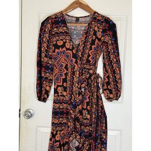 Boho Bright Colorful Maxi Wrap Dress 100% Viscose Small 4 Shein Feminine Party